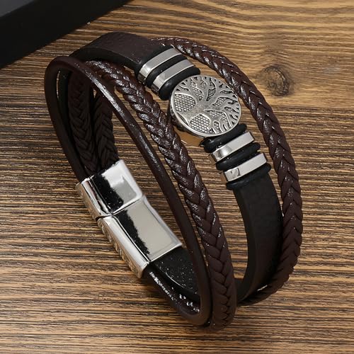 Tree of Life Leather Bracelet for Men, Multi-Layer Braided Religious Mens Cuff Bracelets with Alloy Clasp Anniversary Father's Day Birthday Christmas Jewelry Gifts for Him - color: Coffee