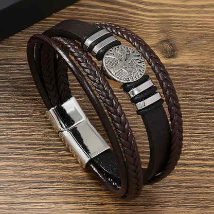 Tree of Life Leather Bracelet for Men, Multi-Layer Braided Religious Mens Cuff Bracelets with Alloy Clasp Anniversary Father's Day Birthday Christmas Jewelry Gifts for Him - color: Coffee