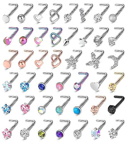36-44 Pcs 18G 20G Nose Rings Studs Nose Rings for Women Nose Piercings Jewelry Surgical Stainless Steel Nose Studs Moon Star Heart Butterfly Hypoallergenic Body Piercing Jewelry for Women Men - color: 20G Colorful A-L Shape- 44 Pcs