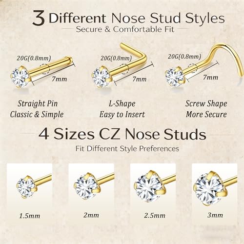 davka 20G L Shape Nose Studs 6PCS, 7mm Bar 3mm CZ Stainless Steel Nose Rings for Nostril Piercing, Small Snug Fit Nose Stud Jewelry for Daily Wear Work Sleep Women Men - color: 20G Mixed Shape Gold Nose Stud