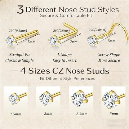 davka 20G L Shape Nose Studs 6PCS, 7mm Bar 3mm CZ Stainless Steel Nose Rings for Nostril Piercing, Small Snug Fit Nose Stud Jewelry for Daily Wear Work Sleep Women Men - color: 20G Mixed Shape Gold Nose Stud
