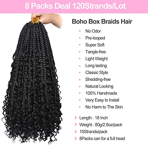 Unionbeauty 8 Packs Boho Box Braids 18 Inch Fluffy Bohemian Hippie Braids Distressed Goddess Box Braids Hair Curly Ends Pre-looped Crochet Hair Synthetic Braiding Hair Extension for Black Woman 1B# - color: 1B#, size: 18 Inch (Pack of 8)