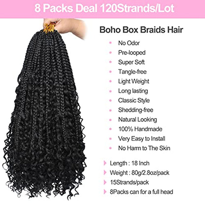 Unionbeauty 8 Packs Boho Box Braids 18 Inch Fluffy Bohemian Hippie Braids Distressed Goddess Box Braids Hair Curly Ends Pre-looped Crochet Hair Synthetic Braiding Hair Extension for Black Woman 1B# - color: 1B#, size: 18 Inch (Pack of 8)