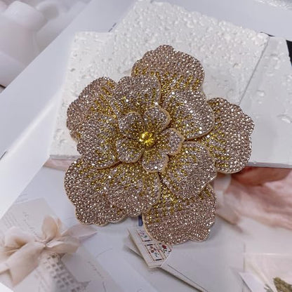 Rhinestone Flower Brooch Pin for Women Men Elegant Sparkly Crystal Camellia Floral Lapel Pins Shawl Dress Suit Clothes Accessories Wedding Party Fashion Jewelry 105mm - color: Champagne
