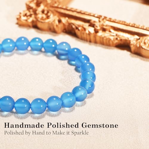 Agate Round Beaded Bracelet for Women Men Natural Agates Stone Healing Bracelets Stretch Elastic Handmade Polished Gemstone Beads Bracelet - color: Blue-1, size: 8mm Beads