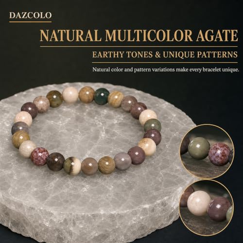 8mm Natural Crystal Stretch Bracelet | Handmade Round Stone Bead Bracelet, Runs Large, Meditation Yoga Gift for Women & Men - color: Indian Agate