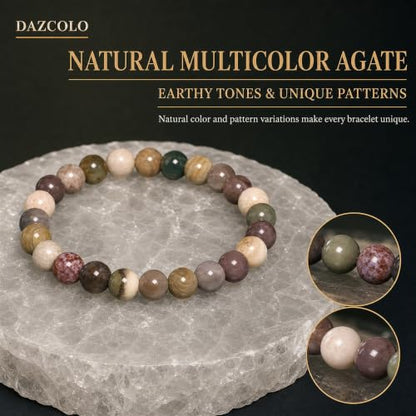 8mm Natural Crystal Stretch Bracelet | Handmade Round Stone Bead Bracelet, Runs Large, Meditation Yoga Gift for Women & Men - color: Indian Agate