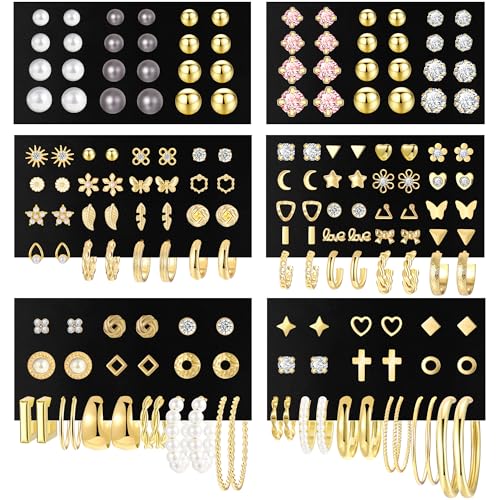84 Pairs Gold Stud Earrings Set for Women Multipack, Fashion Pearl Cubic Zirconia Butterfly Earrings Packs Piercings, Hypoallergenic Stud Hoops Earrings for Gift - color: Style03-gold