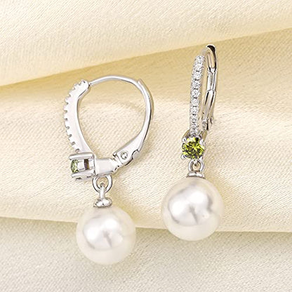 JO WISDOM 925 Sterling Silver Freshwater Pearl Hoop Earrings with Dangle Real Pearl,Simulated Pearls - color: B-8mm white pearl,peridot color