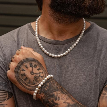 Forge & Foundry Marlow Men's Adjustable 8mm Shell Pearl (Man-Made) Bracelet | Design-Led Artisan Jewellery from London | Small, Medium, Large and Adjustable Sizing Options, 8mm Size, Size Adjustable | - color: 18K gold-plated, size: Large