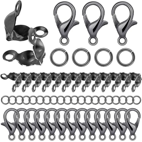 1000PCS Jewelry Making Accessories Set, 100 Lobster Claw Clasps 300 Crimp Beads Crimp Beads Clasps Caps 600 Open Jump Ring Connectors for DIY Bracelet Necklace Crafts Jewelry Making(Gun Black) - color: Gun Black