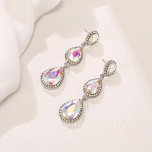 EleQueen Women's Crystal Teardrop Pear Shape 2.5 Inch Long Earrings | Dangle Earrings for Women, TearDrop Crystals Earrings for Bride Bridesmaid, Prom Jewelry for Wedding - color: Iridescent AB Silver-tone
