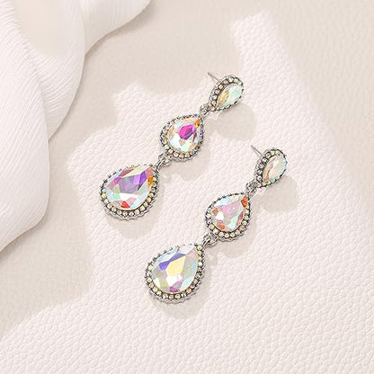 EleQueen Women's Crystal Teardrop Pear Shape 2.5 Inch Long Earrings | Dangle Earrings for Women, TearDrop Crystals Earrings for Bride Bridesmaid, Prom Jewelry for Wedding - color: Iridescent AB Silver-tone