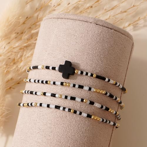 Christian Cross Christmas Stackable Seed Beaded Bracelets for Women, Boho Colorful Healing Stretch Accessories God Christ Pray Faith Amulet Jewelry, Daily Party Holiday Friendship Gift - color: Black