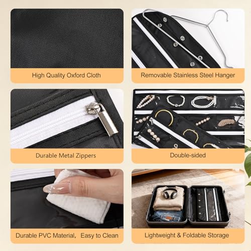 Hanging Jewelry Organizer Storage Roll 80 Zippered Pockets with Detachable Hanger Double-Sided Foldable, Travel Jewelry Holder for Earrings, Rings, Bracelets, Hanging on Closet, Wall, Door, Black - size: 80 Zippered Pockets