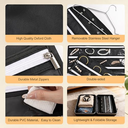 Hanging Jewelry Organizer Storage Roll 80 Zippered Pockets with Detachable Hanger Double-Sided Foldable, Travel Jewelry Holder for Earrings, Rings, Bracelets, Hanging on Closet, Wall, Door, Black - size: 80 Zippered Pockets