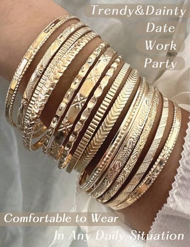 YEEZII Gold Bangle Bracelets for Women, 12 Pcs Indian Boho Stackable Set, Multi Layer Textured 14K Gold Plated Adjustable Bracelets Jewelry Set - color: GoldC-14Pcs