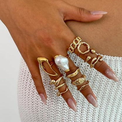 Gold Rings for Women Non Tarnish Boho Stackable Adjustable Open Rings Set Finger Knuckle Stacking Ring Packs Jewelry Gift - color: Gold Pearl Rings 12Pcs