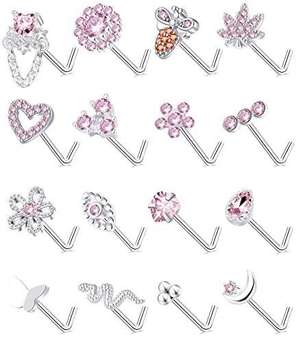Tornito 16Pcs Nose Stud Rings L Screw Shaped Nose Ring Flower Snake Butterfly Heart Eye CZ Dangle Nose Rings Stud Body Piercing Jewelry for Women Men 20G Silver Pink Tone - color: A:Pink Tone