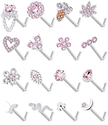 Tornito 16Pcs Nose Stud Rings L Screw Shaped Nose Ring Flower Snake Butterfly Heart Eye CZ Dangle Nose Rings Stud Body Piercing Jewelry for Women Men 20G Silver Pink Tone - color: A:Pink Tone