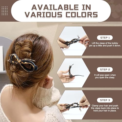 6 Pcs Bow Hair Clips, Retro Acrylic Soft Leather Bowknot Twisted Flat Claw, Ponytail Holder Barrettes, Flat Claw Clips for Women Thick Hair, Non-Slip Strong Holder Accessories