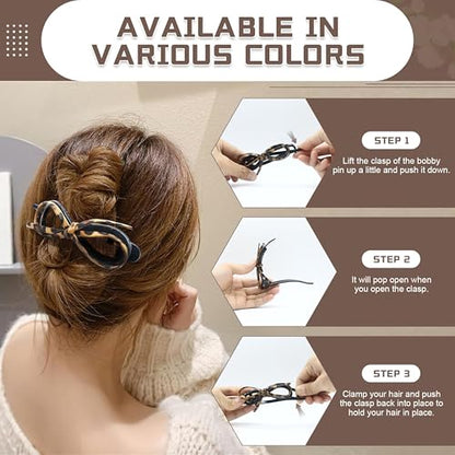 6 Pcs Bow Hair Clips, Retro Acrylic Soft Leather Bowknot Twisted Flat Claw, Ponytail Holder Barrettes, Flat Claw Clips for Women Thick Hair, Non-Slip Strong Holder Accessories