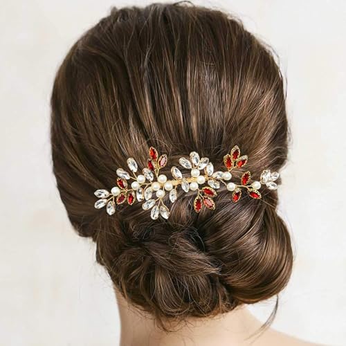 Pearl Crystal Hair Comb Bridal Rhinestone Gold Vine Hair Piece Accessories for Wedding Women (Red-2) - color: Red-2
