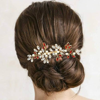 Pearl Crystal Hair Comb Bridal Rhinestone Gold Vine Hair Piece Accessories for Wedding Women (Red-2) - color: Red-2