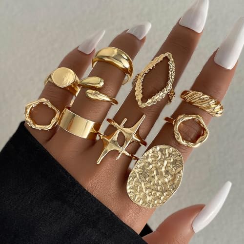 Chunky Gold Rings for Women Non Tarnish, Baroque Pearl Flower Tiger's Eye Stone Rings Adjustable Stacking Statement Rings Set Fashion Jewelry Gifts - style: Big Irregular