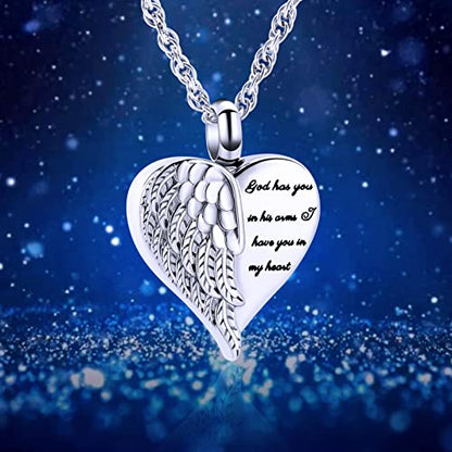 shajwo Cremation Heart Urn Necklace Ashes Jewelry for Women Men Keepsake Pendant Memorial Locket Ash Holder - color: Wing-Silver