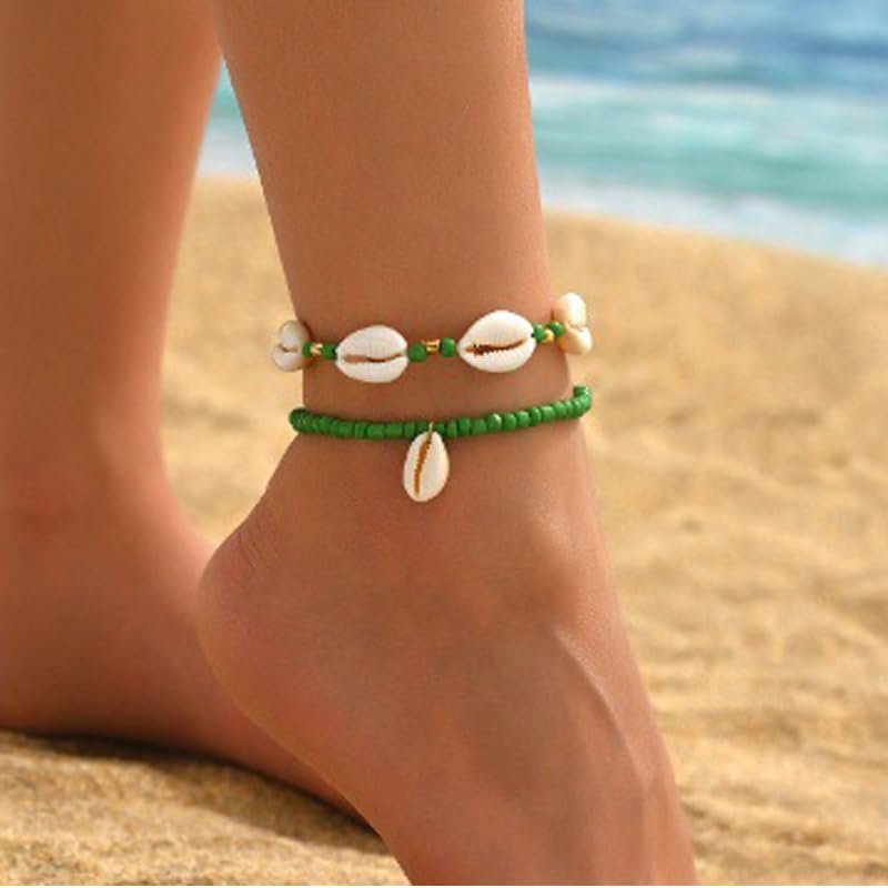 INENIMARTJ Puka Shell Anklets Bracelet for Women Colorful Shell Beaded Anklet Summer Ocean Hawaiian Beach Foot Jewelry Mermaid Seashell Anklets Jewelry for Women - color: green