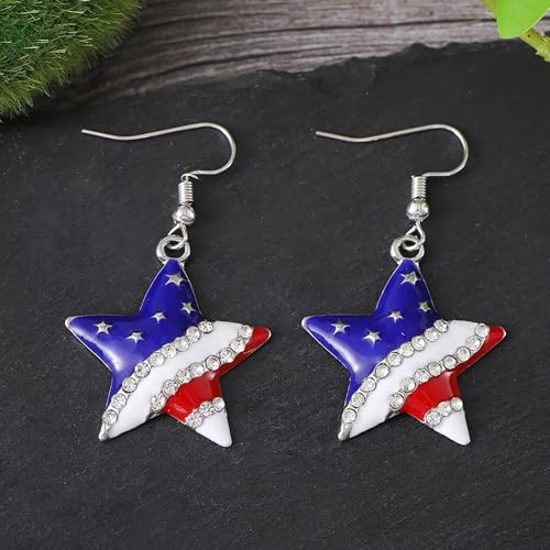 HUJUON American Flag Pendant Necklace Earring Set for Women 4th Of July Butterfly Drop Dangle Hook Earring Independence Day Usa Patriotic Choker Jewelry Gift - color: Star Silver