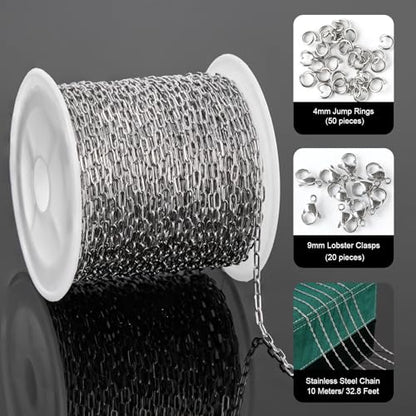 UMAOKANG 32.8 Feet Stainless Steel Paperclip Chain Bulk for Jewelry Making Small Craft Chain DIY Jewelry Supplies - color: Paperclip Silver