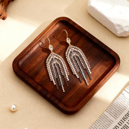 Fringe Dangling Tassel Earrings for Women, Handcrafted Chandelier Long Bohemian Beaded Cubic Zirconia Crystal Imitation Pearls Inlay Statement Boho Chain Hook Earrings for Wedding Party - color: Black