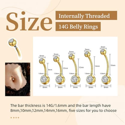 TOPBRIGHT G23 Titanium 14G Belly Button Rings - Internally Threaded Curved Barbell Hypoallergenic Navel Piercing Jewelry Gold Silver 2Pcs Set for Women 6mm 8mm 10mm 12mm 14mm 16mm - color: Silver&Gold-10mm bar