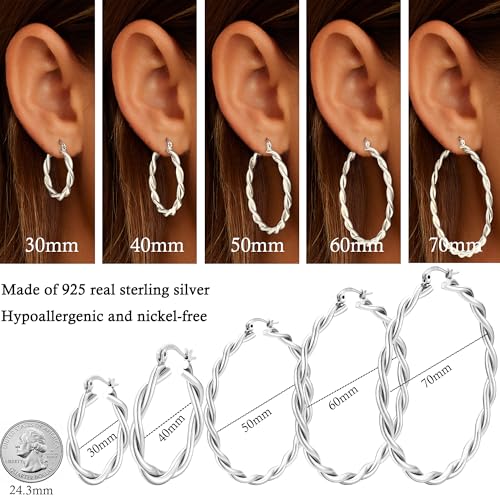 Apsvo Hoop Earrings for Women, 5mm Wide 14K Gold Plated/Silver Hoop Earring Hypoallergenic 925 Sterling Silver Earrings Lightweight Large Earrings for Women - color: Silver Twist-30mm