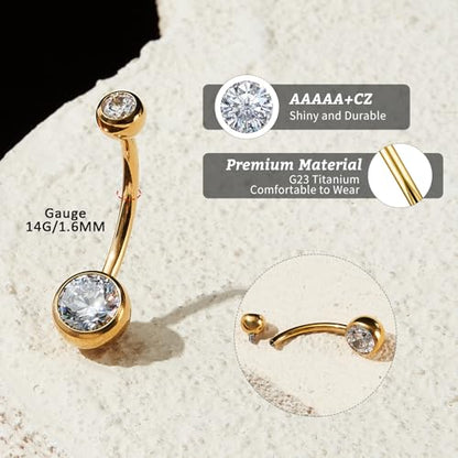 1PC/2PC/3PC G23 Titanium Belly Button Rings 14G 1.6MM Round Cubic Zirconia Belly Rings 6 Sizes of Length to Choose Navel Barbell Belly Piercing Jewelry for Women Men - color: Gold