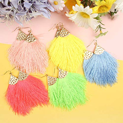 Bohemian Silky Thread Fan Fringe Tassel Statement Earrings - Lightweight Strand Feather Shape Dangles - color: Feather Fringe - Aqua Mint