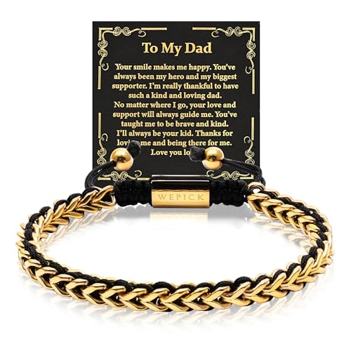 18K Gold-Plated Bracelets for Men Franco Link Chain Adjustable | Stainless Steel Bracelet, Gold Beads Bracelet, Handcrafted Braided, Mens Jewelry Birthday Gift for Men - color: Gold with Card Dad