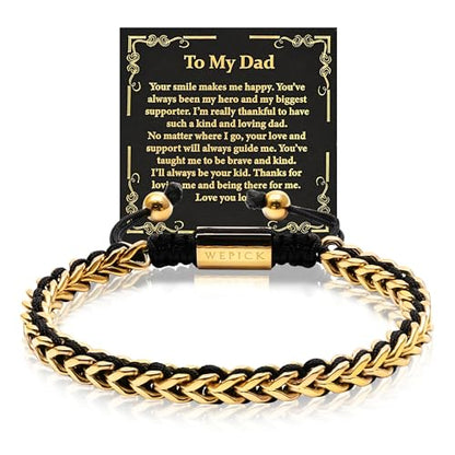18K Gold-Plated Bracelets for Men Franco Link Chain Adjustable | Stainless Steel Bracelet, Gold Beads Bracelet, Handcrafted Braided, Mens Jewelry Birthday Gift for Men - color: Gold with Card Dad