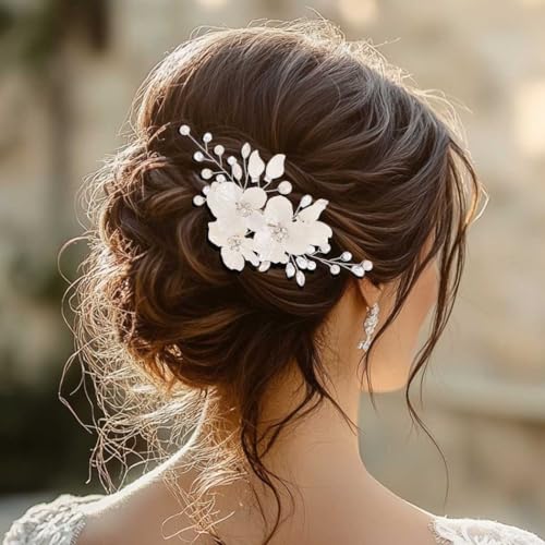 Foyte Bridal Flower Hair Clip White Flower Hair Comb Rhinestone Floral Hairpin Crystal Pearl Hairpieces for Women and Brides