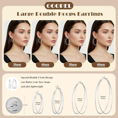Large Thin Double Hoop Earrings for Women Lightweight Hypoallergenic 925 Sterling Silver Post 14K Gold Hoops Non Tarnish Sturdy Big Thin Double Layered Hoop Earrings 30/40/50/60mm - color: Silver, size: 50mm