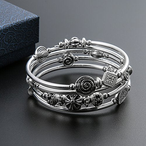Beaded Pearl Bangle Wrap Bracelet - Fashion Bohemian Jewelry Multilayer Charm Bracelet with Thick Silver Metal Beads, Gift For Women - color: Metal