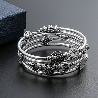 Beaded Pearl Bangle Wrap Bracelet - Fashion Bohemian Jewelry Multilayer Charm Bracelet with Thick Silver Metal Beads, Gift For Women - color: Metal