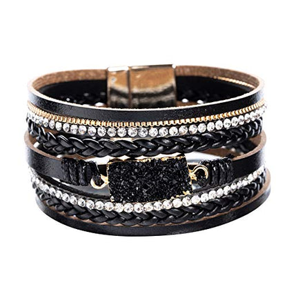 Vercret Leather Wrap Bracelet for Women, Multi-Layer Cuff Bangle | Boho Stacked Bracelets with Safe Clasp Western Bangle Jewelry Gift for Lady and Mom Sister Friend - style: Druzy Black