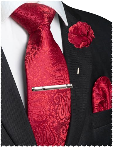 JEMYGINS Mens Paisley Tie and Lapel Pin Necktie Pocket Square and Tie Clip with Sets for Business Casual 4PCS - color: Red1