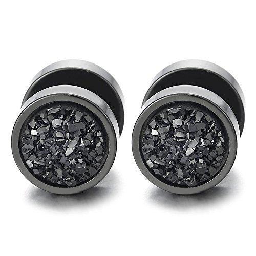 10mm Women Mens Black Circle Stud Earrings Black Glitter, Steel Cheater Fake Ear Plugs Gauges Tunnel - color: Metal color: Black; Stone color: Black