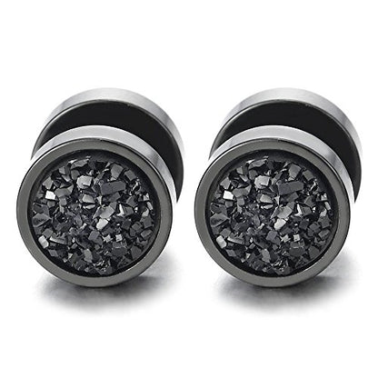 10mm Women Mens Black Circle Stud Earrings Black Glitter, Steel Cheater Fake Ear Plugs Gauges Tunnel - color: Metal color: Black; Stone color: Black