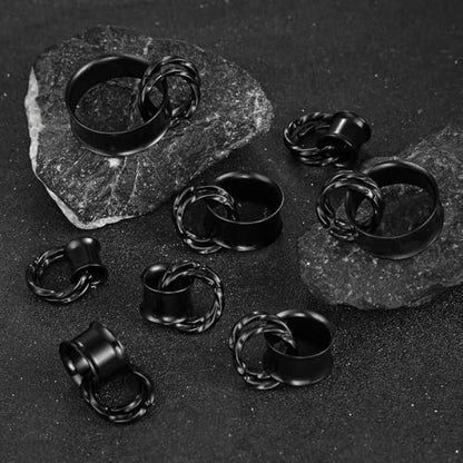 1 Pair Basic gauges+2 twisty rings Ear Tunnels Plugs 316 Stainless Steel Ear Gauges Weight Saddle Plugs Hypoallergenic expander Piercing Body Jewelry 00g 0g-1'' - color: Twisty-Black, size: 14 mm