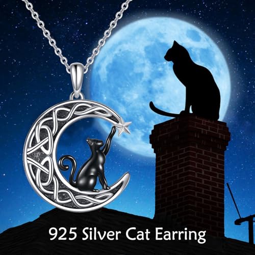 925 Sterling Silver Moon Black Cat Necklace for Women Cat Jewelry - style: J-Black Cat Moon Necklace